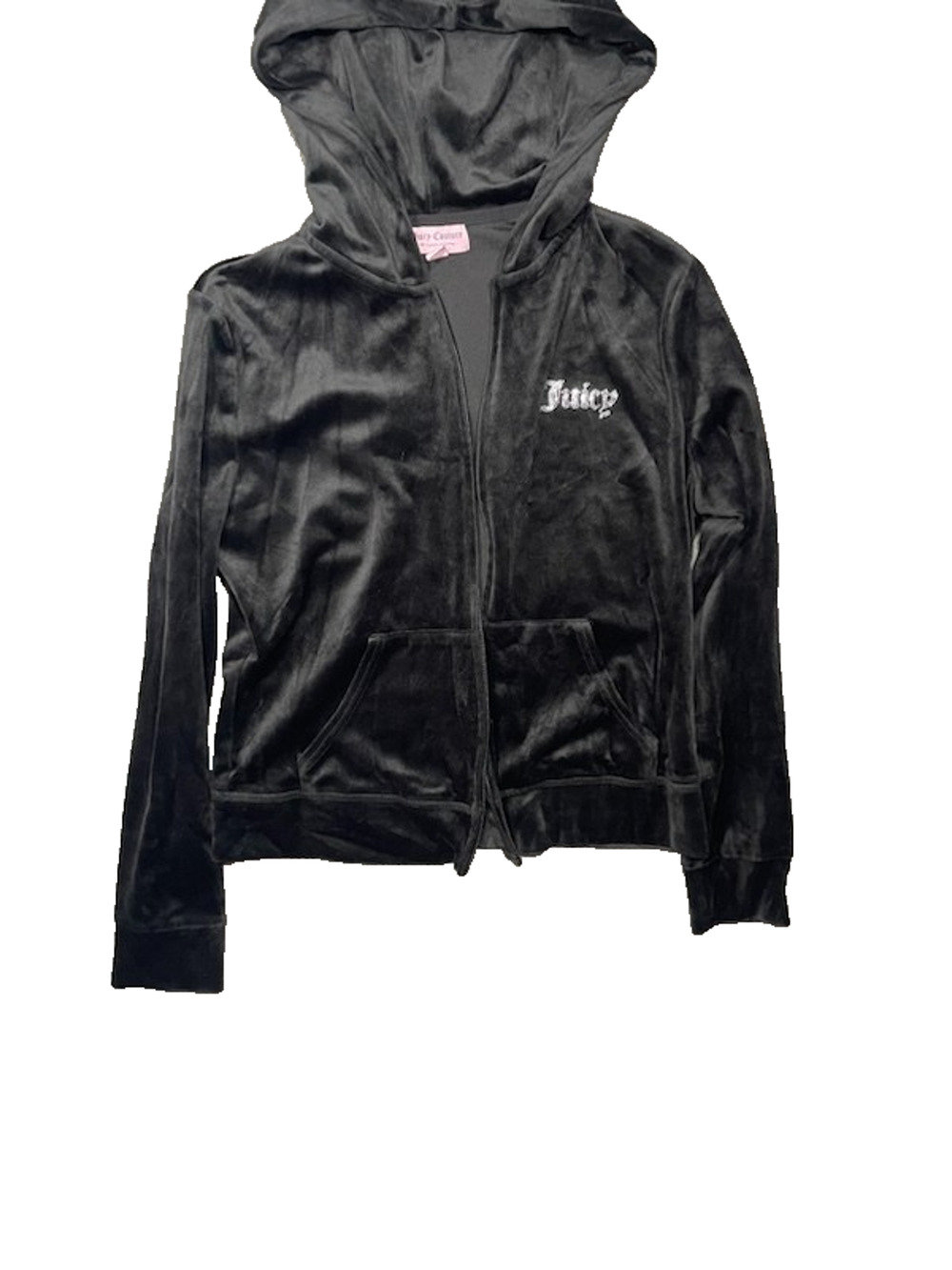 Juicy Couture Black Velour Zip Hoodie Y2K Bling Logo Jacket M Broken Zipper